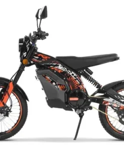 Side view of the Caofen F80 DS-48, an electric dirt bike with striking orange camo styling, now available for sale in Australia — popular with trail and enduro riders