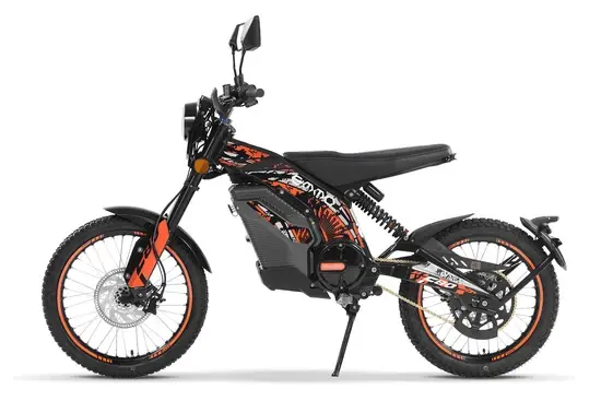 Side view of the Caofen F80 DS-48, an electric dirt bike with striking orange camo styling, now available for sale in Australia — popular with trail and enduro riders