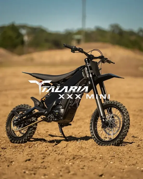 Talaria X3 Mini Lite electric dirt bike with knobby tyres on an off-road dirt track in Australia
