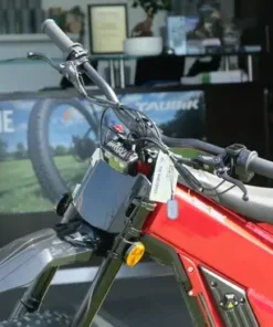 Front Side view of the Talaria X3 Pro, a popular electric dirt bike among Australian off-road and trail riders, showcasing its red frame set-up
